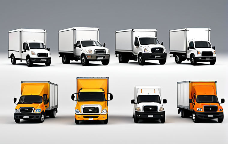 **
A diverse range of trucks (mini, light duty, medium duty, heavy duty) lined up, each with a visual representation of its average loading capacity in tons displayed above it. Focus on showing the variety of truck types and their relative sizes, with a clean, informative style.
**