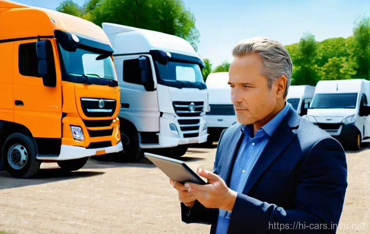 트레일러와 덤프트럭의 유지비 비교 - **Prompt:** A detailed, realistic depiction of a mature, professional male entrepreneur in his late ...