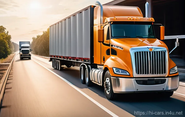 트레일러와 스킵 로더의 차이 - **Long-Distance Construction Haul:**
"A powerful, modern semi-truck pulling a robust flatbed tra...