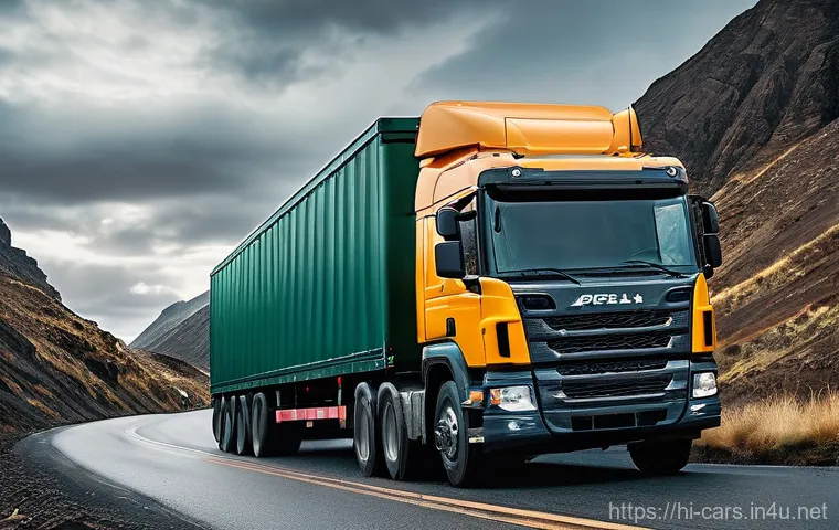 특수 차량의 적재 용량 계산법 - **Prompt: The Precarious Balance of Overload**
"A large, heavy-duty cargo truck, subtly but visi...