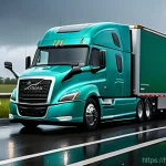 대형 트럭의 최신 기술 업데이트 - **Prompt: A modern, sleek semi-truck is depicted on a multi-lane highway during a light rain. The tr...