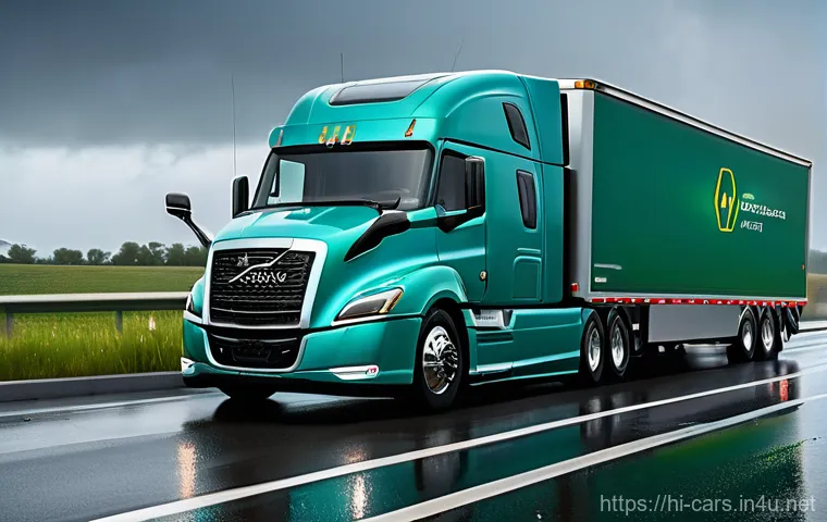 대형 트럭의 최신 기술 업데이트 - **Prompt: A modern, sleek semi-truck is depicted on a multi-lane highway during a light rain. The tr...