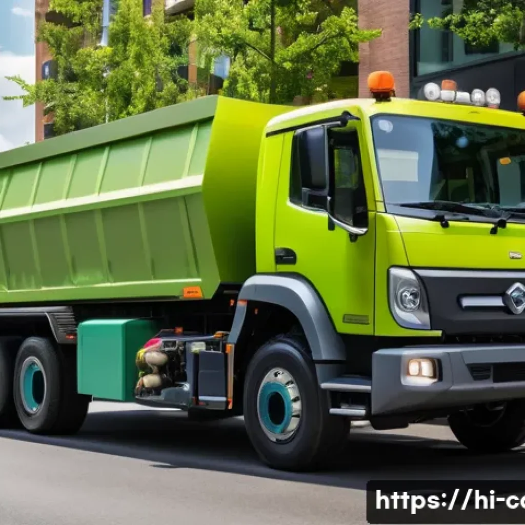 특수 차량의 글로벌 시장 동향 - A detailed urban scene showcasing a modern electric construction vehicle in action on a busy city si...