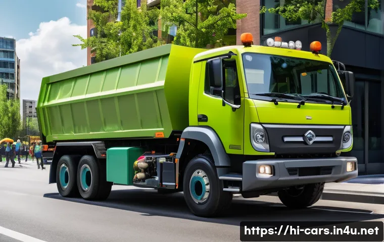 특수 차량의 글로벌 시장 동향 - A detailed urban scene showcasing a modern electric construction vehicle in action on a busy city si...