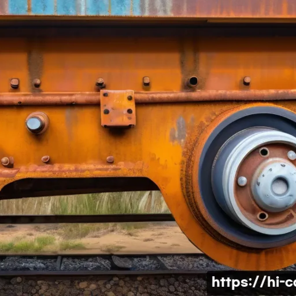 트레일러 차량의 중고 구매 시 유의점 - Detailed close-up of a second-hand trailer chassis showing rust spots and corrosion on metal surface...