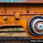 트레일러 차량의 중고 구매 시 유의점 - Detailed close-up of a second-hand trailer chassis showing rust spots and corrosion on metal surface...