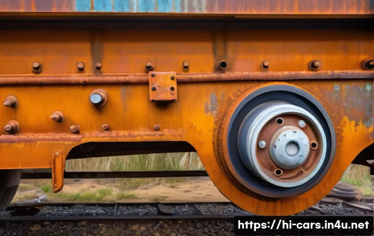 트레일러 차량의 중고 구매 시 유의점 - Detailed close-up of a second-hand trailer chassis showing rust spots and corrosion on metal surface...