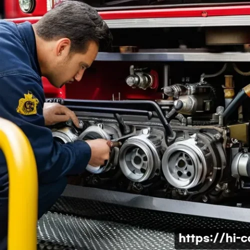 특수 차량의 정기 점검 항목 - A detailed close-up view of a specialized fire truck’s engine compartment during routine maintenance...