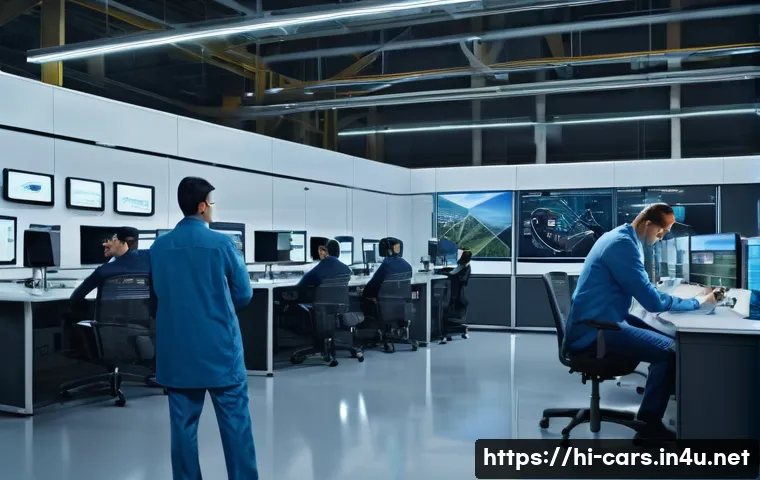 특수 차량의 작업 효율성 증가 방법 - A modern industrial workspace featuring advanced special vehicles equipped with high-tech sensors an...