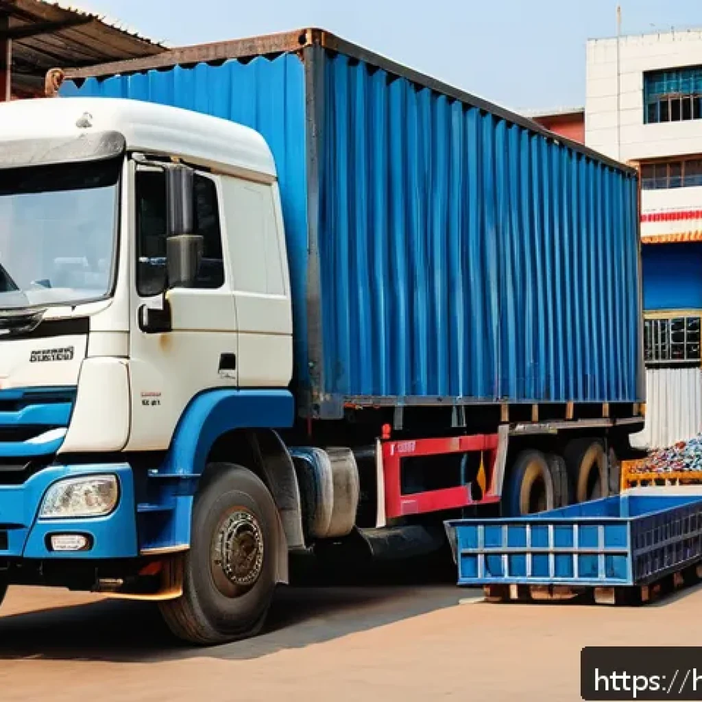 대형 트럭의 적재 규정과 법규 - A detailed scene of an Indian truck loading area showing a large commercial truck being loaded by wo...