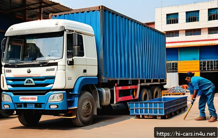 대형 트럭의 적재 규정과 법규 - A detailed scene of an Indian truck loading area showing a large commercial truck being loaded by wo...